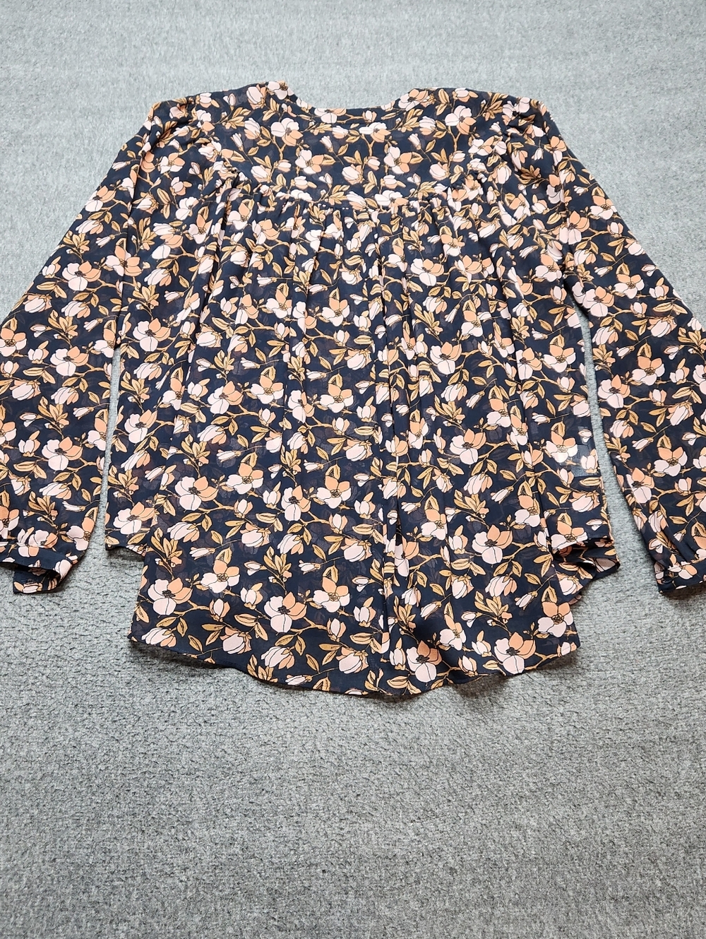 LOFT Floral Blouse Womens Small Navy Long Sleeve Flowy Top - Picture 7 of 7